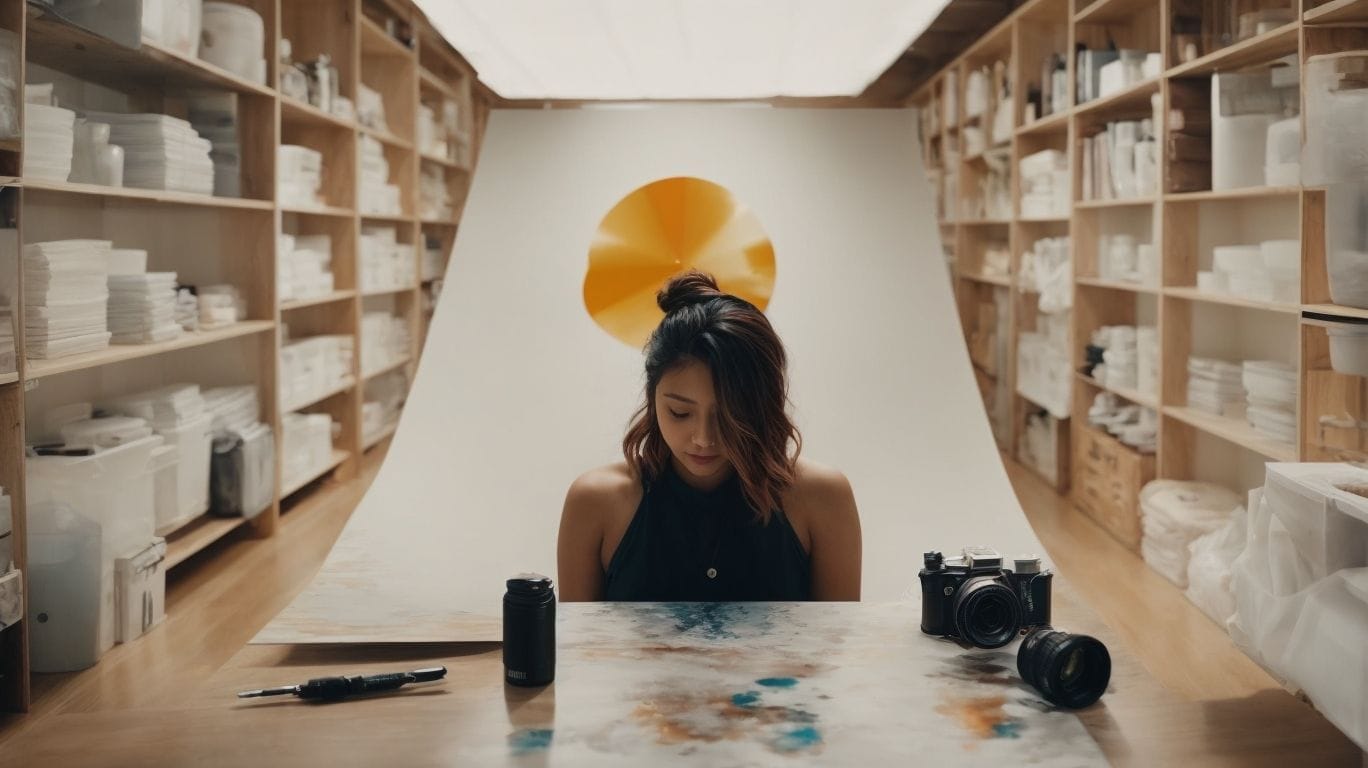 A woman with tattoos sits at a table in a room full of shelves.